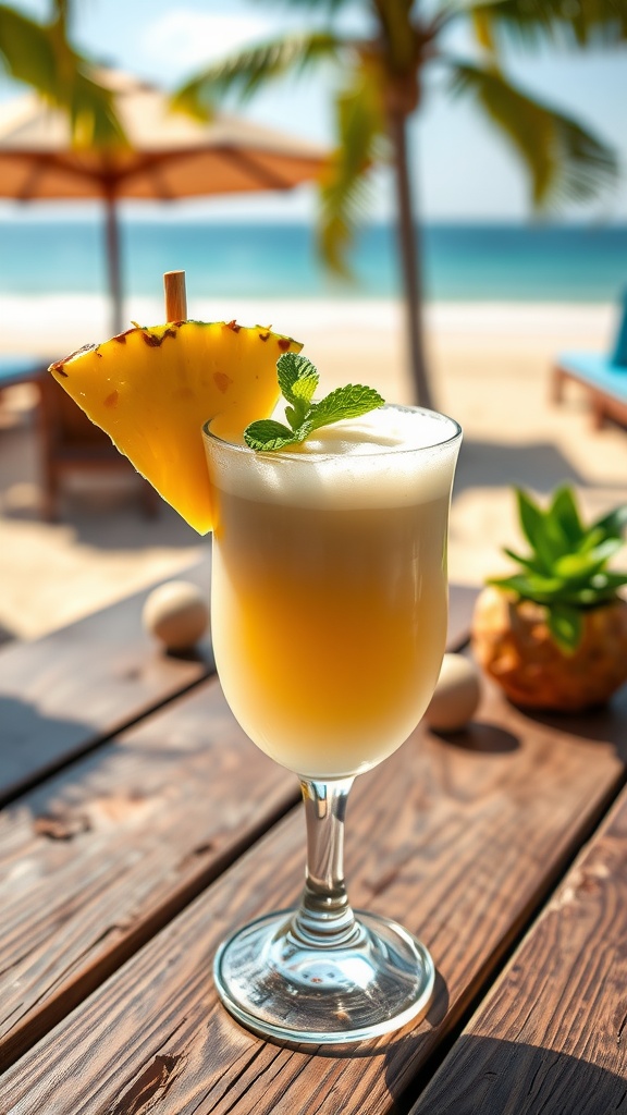 Coconut Tequila Tropical Bliss cocktail with pineapple and mint garnish on a beach backdrop.